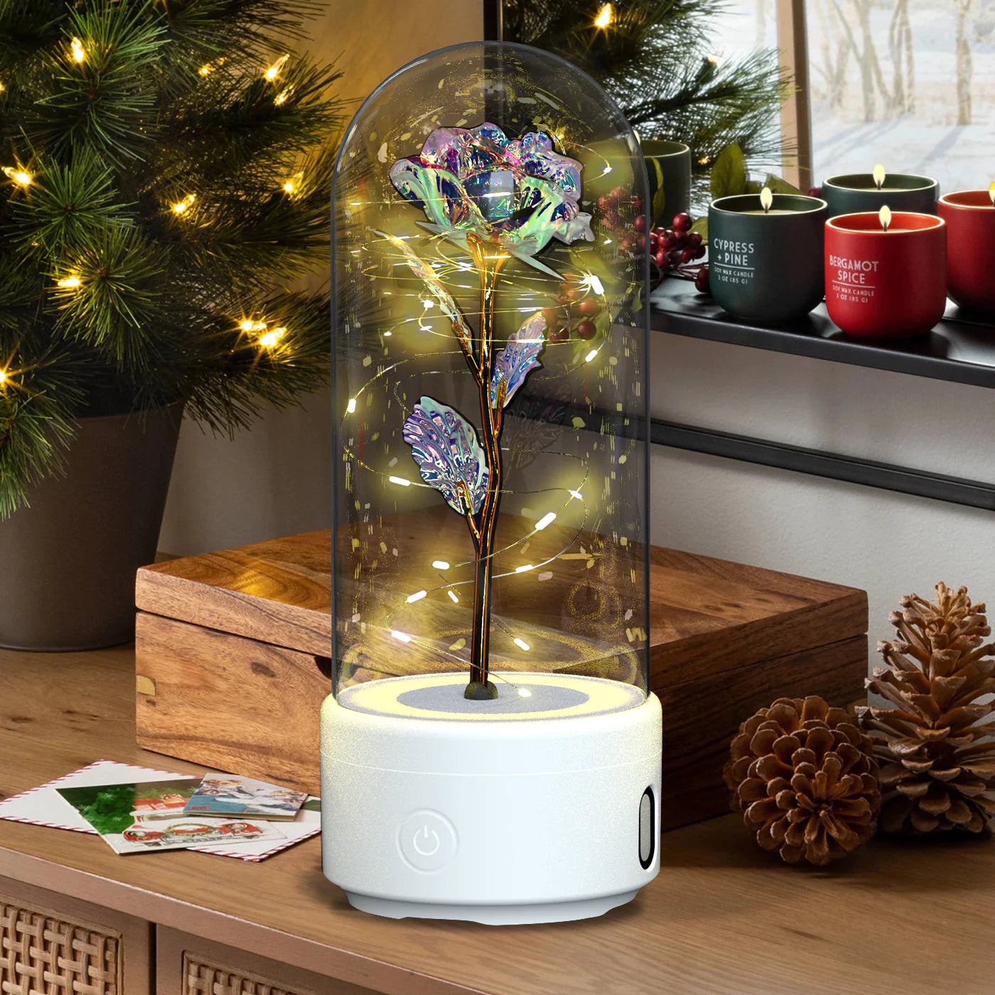 Creative 2 in 1 Rose Flowers LED Light and Bluetooth Speaker Valentine'S Day Gift Rose Luminous Night Light Ornament in Glass Cover