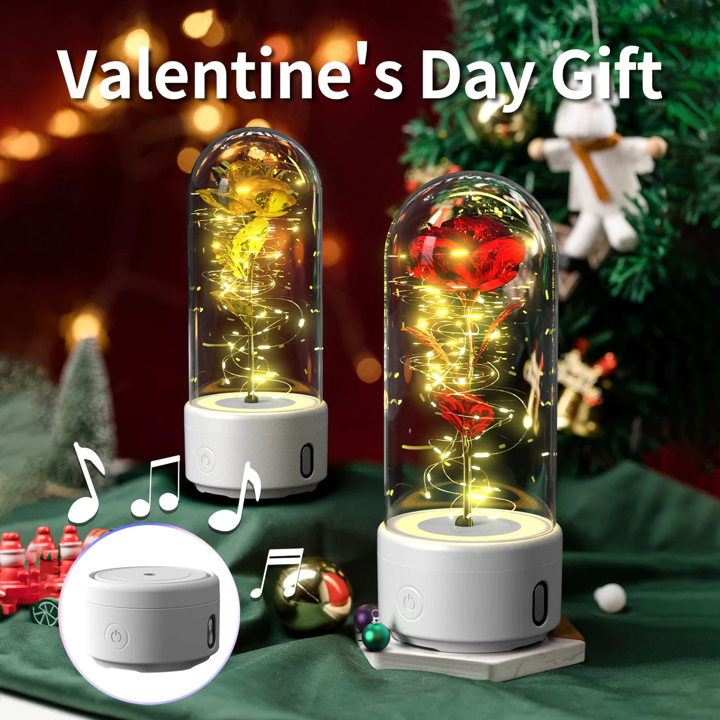 Creative 2 in 1 Rose Flowers LED Light and Bluetooth Speaker Valentine'S Day Gift Rose Luminous Night Light Ornament in Glass Cover