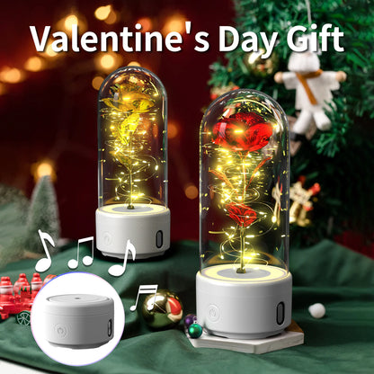 Creative 2 in 1 Rose Flowers LED Light and Bluetooth Speaker Valentine'S Day Gift Rose Luminous Night Light Ornament in Glass Cover